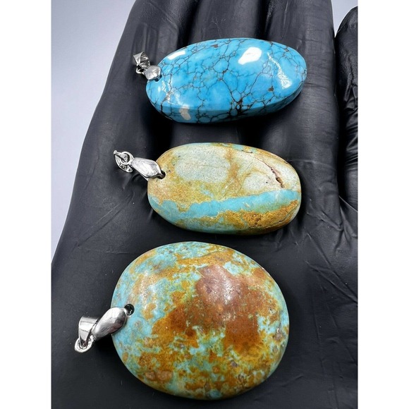 3 Natural Persian Turquoise Pendants Metal Stainless Steel Hook Bulk Lot - Picture 8 of 9